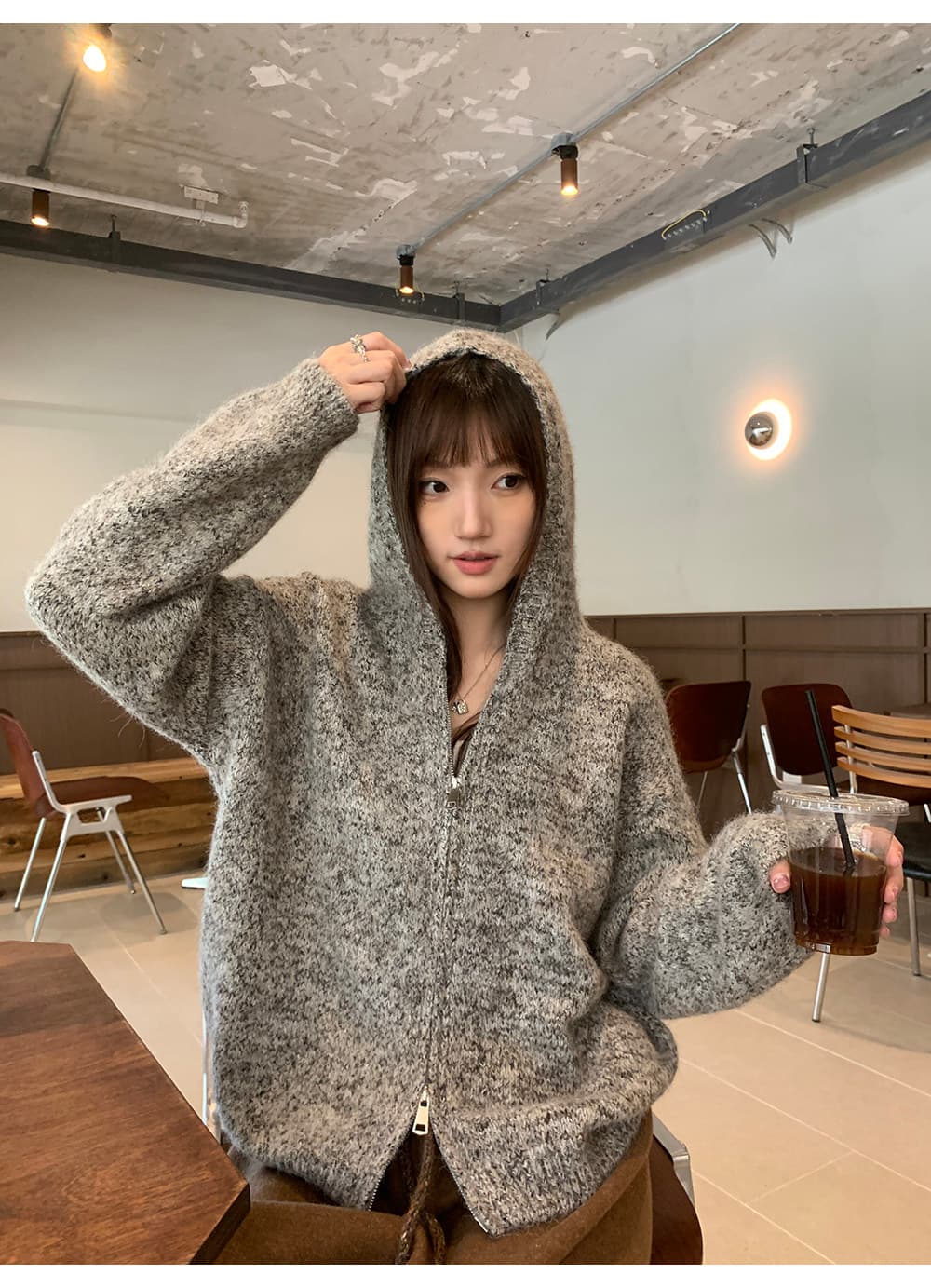 A 하나 꽃 실 더블 지퍼 후드 니트 여성 코트 가을 새로운 부드러운 찹쌀 루즈핏 회색 스웨터 오픈 가디건 상세 이미지 56
