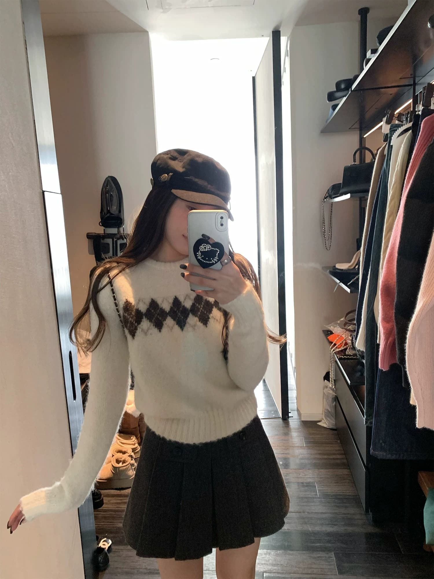 hhyii 소나무 차 코코아 링 그리드 디자인 센스 라운드 넥 풀오버 스웨터 여자 가을 겨울 루즈핏 슬림해 보이는 니트 맨위 이미지 3