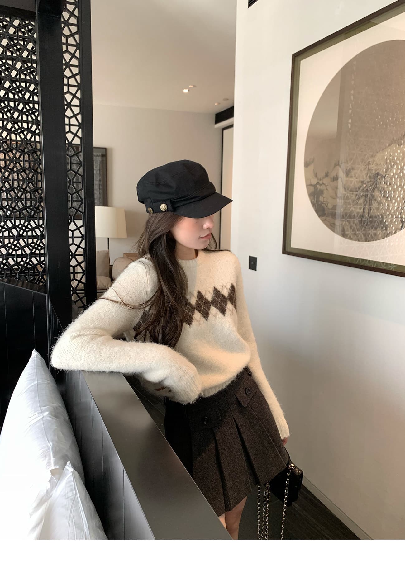 hhyii 소나무 차 코코아 링 그리드 디자인 센스 라운드 넥 풀오버 스웨터 여자 가을 겨울 루즈핏 슬림해 보이는 니트 맨위 상세 이미지 22