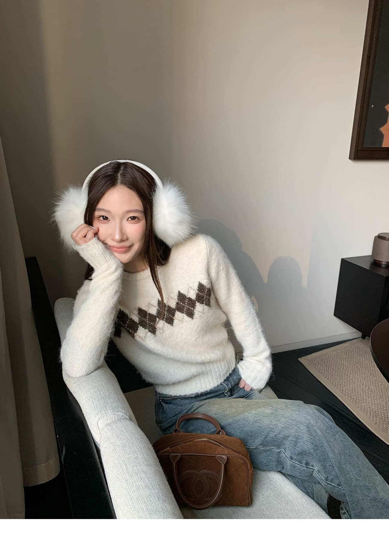 hhyii 소나무 차 코코아 링 그리드 디자인 센스 라운드 넥 풀오버 스웨터 여자 가을 겨울 루즈핏 슬림해 보이는 니트 맨위 상세 이미지 26