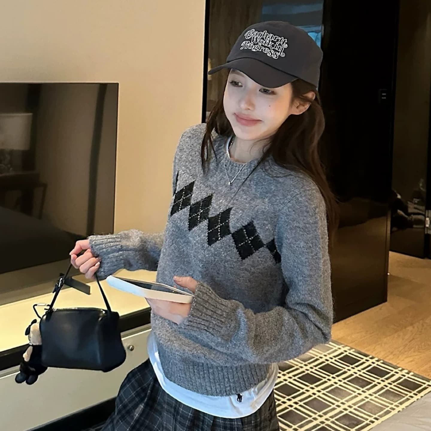 닝 부문 링 그리드 라운드 넥 풀오버 스웨터 여자 가을 겨울 새로운 캐주얼 바람 디자인 센스 몸매 가꾸기 슬림해 보이는 니트 맨위 이미지 3
