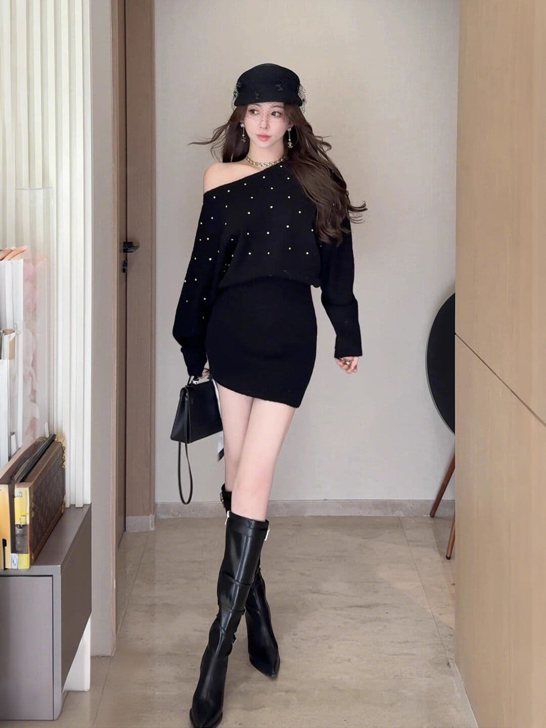 오프숄더 다이아몬드 세팅 긴팔 니트 여성 드레스 가을 배트윙 소매 스웨터 미니 스커트 순수한 욕망 하이웨이스트 타이트 스커트 치마 이미지 2