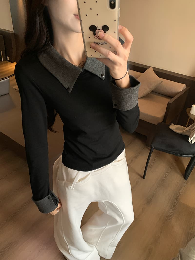 실사 260 그램 리브 연삭 털 긴팔 티셔츠 기본 셔츠 봄 가을 얇은 여성 단색 페이크 레이어드 폴로 칼라 맨위 상세 이미지 16