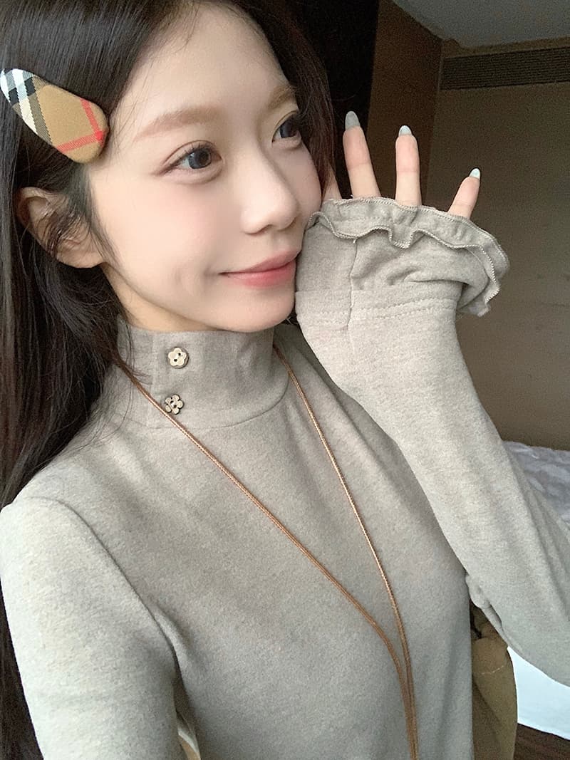 실사 특별 가격 280 그램 양이온 De 플러시 봄 가을 긴팔 티셔츠 기본 셔츠 여성 의류 목이버섯 레이스 터틀넥 맨위 상세 이미지 13