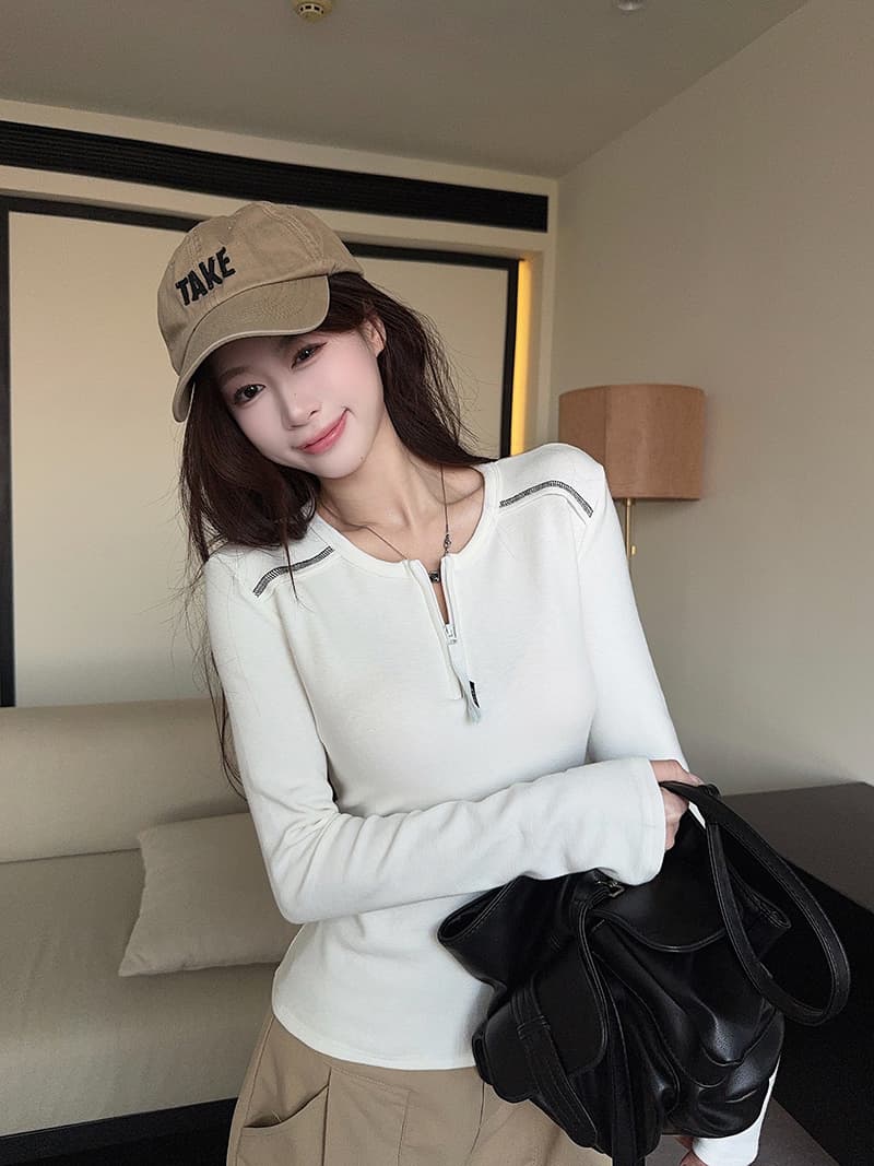 실사 240 그램 눈꽃 양모 긴팔 티셔츠 기본 셔츠 여성 얇은 스타일 봄 가을 지퍼 새로운 라운드 넥 맨위 이미지 3
