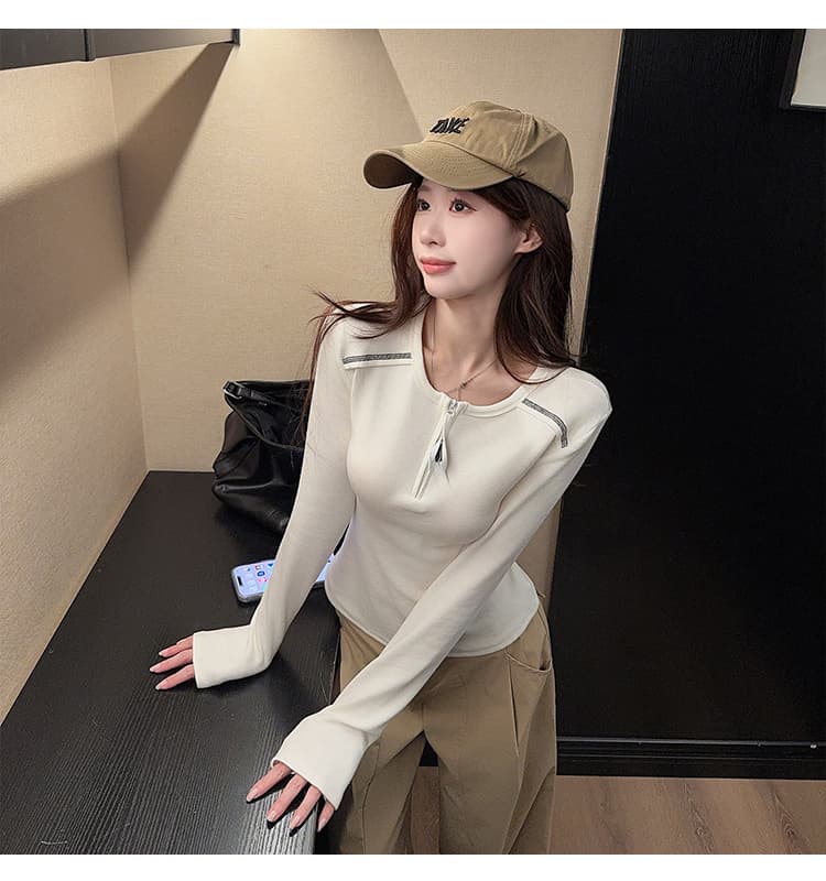 실사 240 그램 눈꽃 양모 긴팔 티셔츠 기본 셔츠 여성 얇은 스타일 봄 가을 지퍼 새로운 라운드 넥 맨위 상세 이미지 2