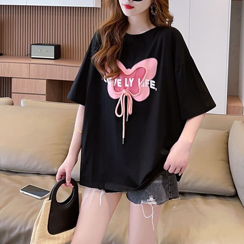 실사 100 순면 이후 패키지 칼라 한국 스타일 중간 길이 무거운 작업 프린트 반팔 티셔츠 여성 이미지 3