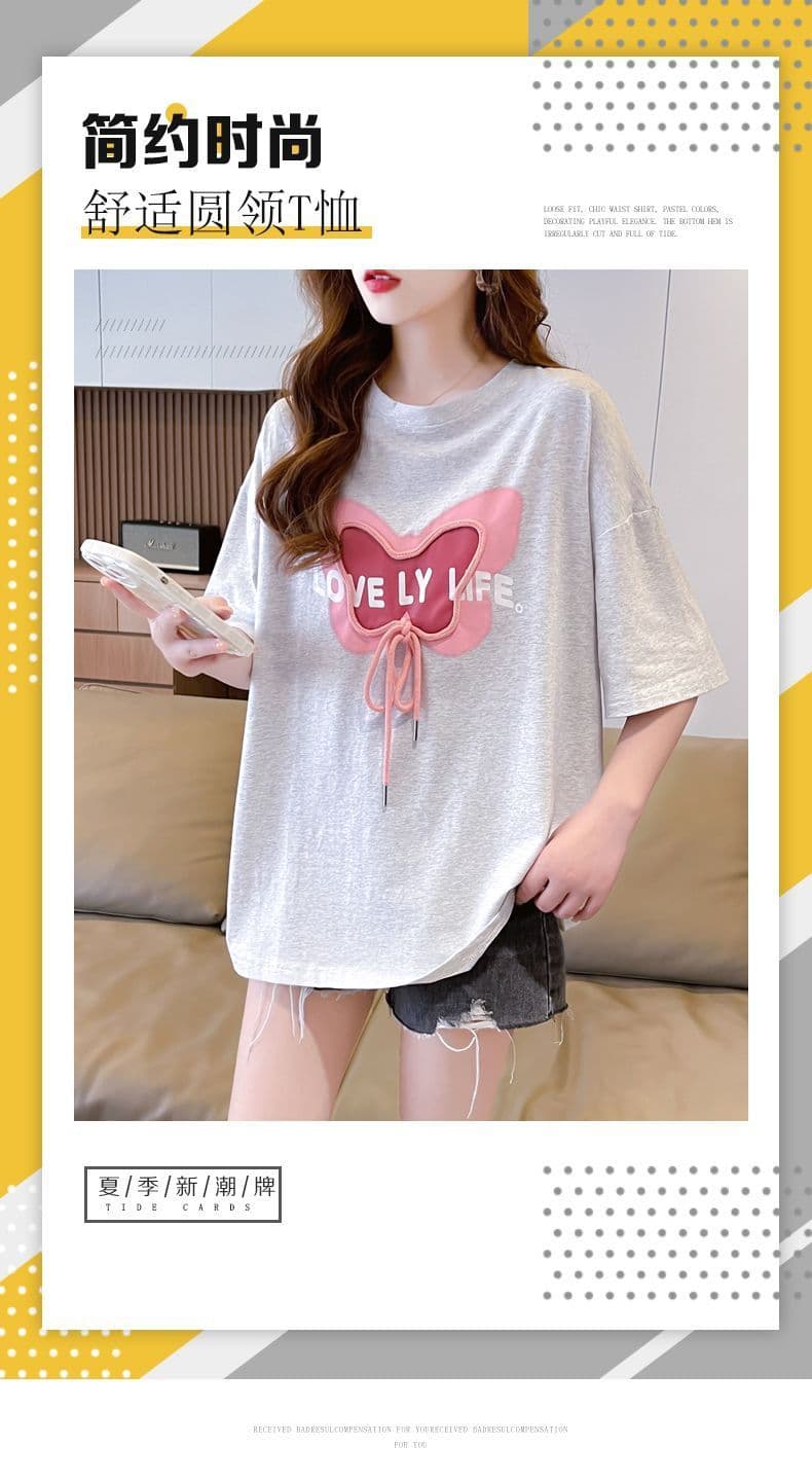 실사 100 순면 이후 패키지 칼라 한국 스타일 중간 길이 무거운 작업 프린트 반팔 티셔츠 여성 상세 이미지 1