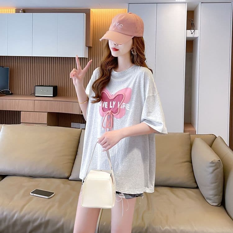 실사 100 순면 이후 패키지 칼라 한국 스타일 중간 길이 무거운 작업 프린트 반팔 티셔츠 여성 상세 이미지 5