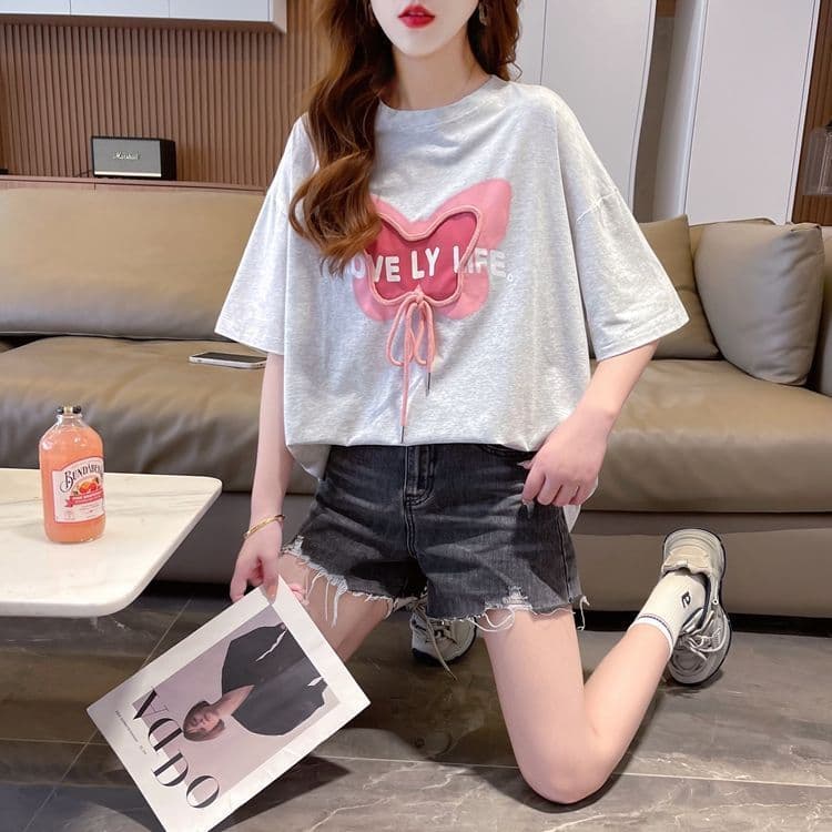 실사 100 순면 이후 패키지 칼라 한국 스타일 중간 길이 무거운 작업 프린트 반팔 티셔츠 여성 상세 이미지 10