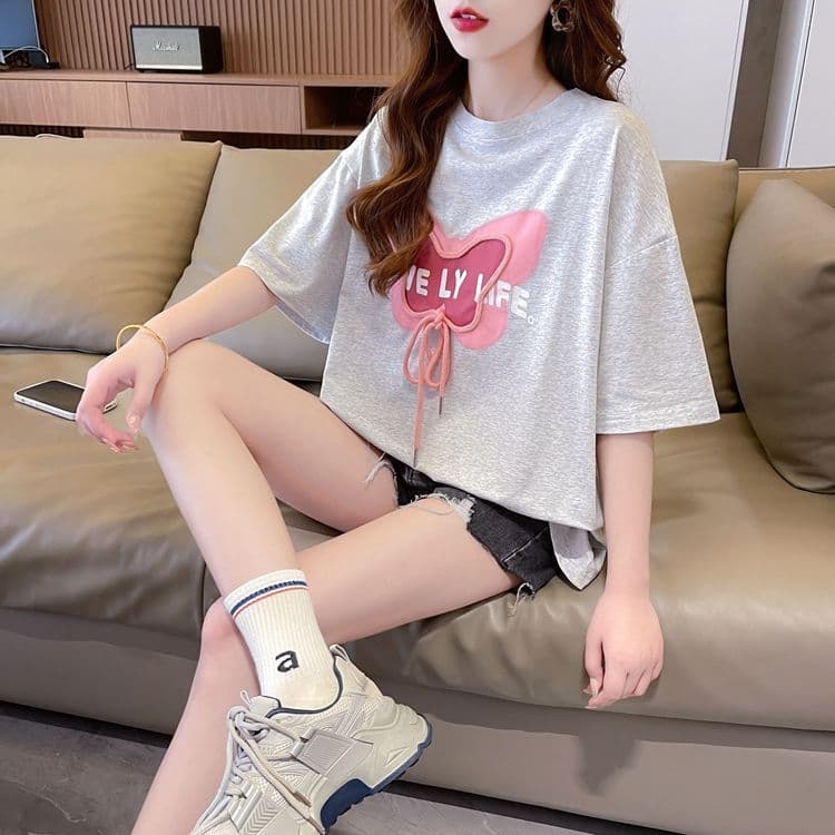 실사 100 순면 이후 패키지 칼라 한국 스타일 중간 길이 무거운 작업 프린트 반팔 티셔츠 여성 상세 이미지 11