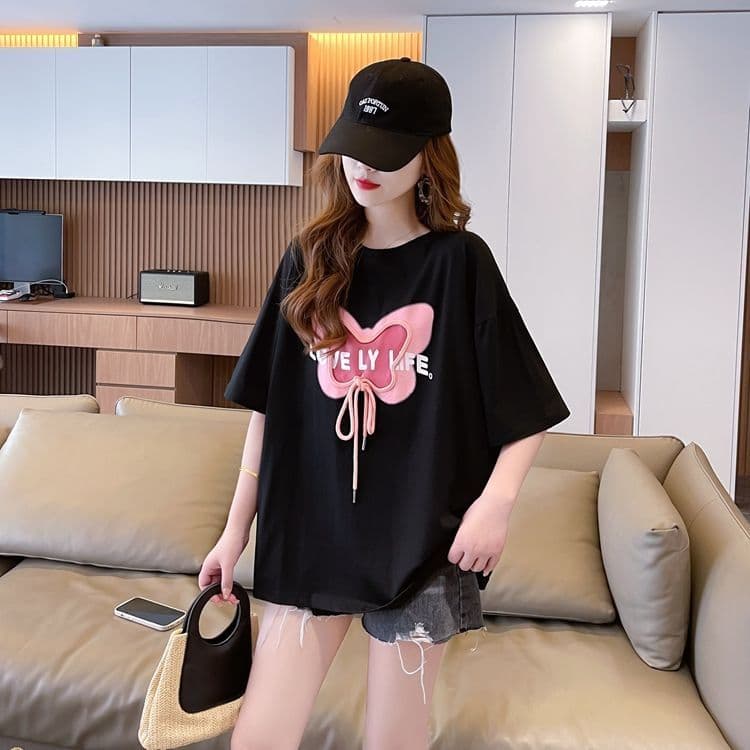 실사 100 순면 이후 패키지 칼라 한국 스타일 중간 길이 무거운 작업 프린트 반팔 티셔츠 여성 상세 이미지 13