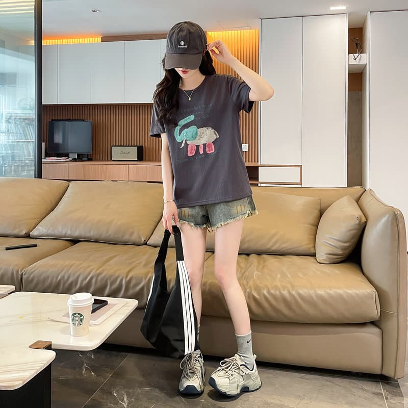 실사 2026 순면 반팔 티셔츠 여성 여름 새로운 라운드 넥 프린트 캐주얼 슬림해 보이는 맨위 ins 상세 이미지 3