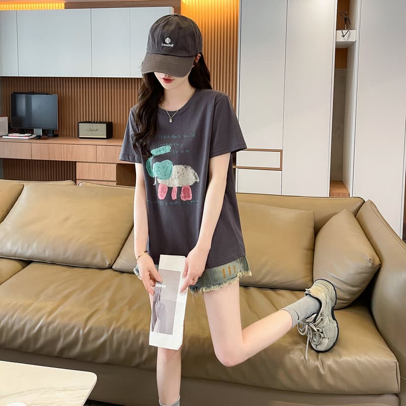 실사 2026 순면 반팔 티셔츠 여성 여름 새로운 라운드 넥 프린트 캐주얼 슬림해 보이는 맨위 ins 상세 이미지 4