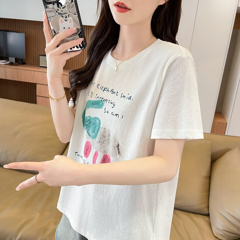 실사 2026 순면 반팔 티셔츠 여성 여름 새로운 라운드 넥 프린트 캐주얼 슬림해 보이는 맨위 ins 상세 이미지 18