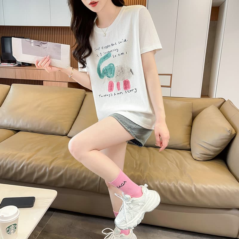 실사 2026 순면 반팔 티셔츠 여성 여름 새로운 라운드 넥 프린트 캐주얼 슬림해 보이는 맨위 ins 상세 이미지 19