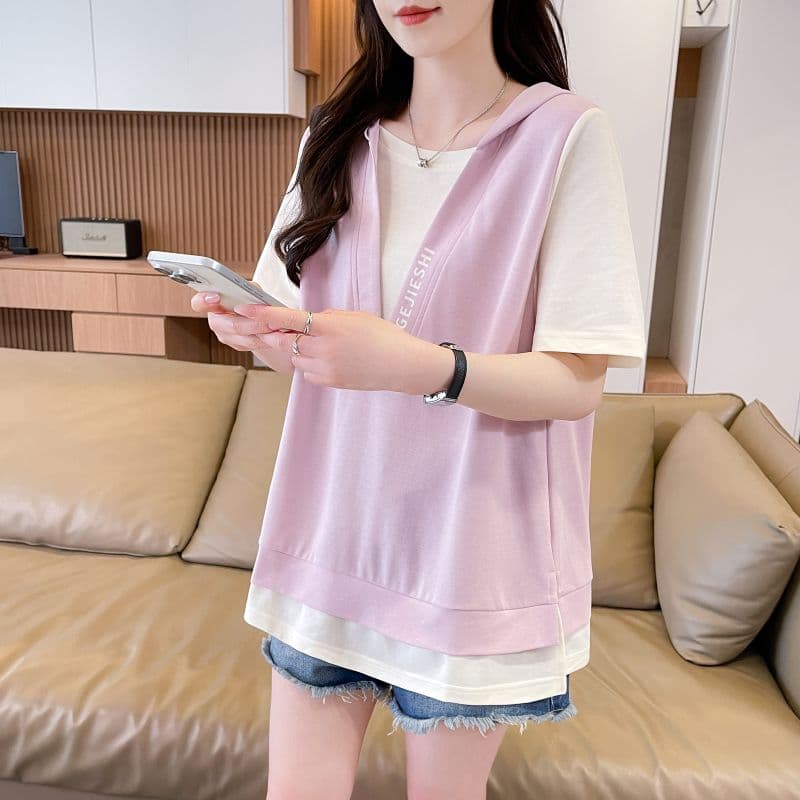 실사 2026 순면 반팔 티셔츠 여성 여름 새로운 디자인 센스 페이크 레이어드 캐주얼 슬림해 보이는 맨위 ins 상세 이미지 14