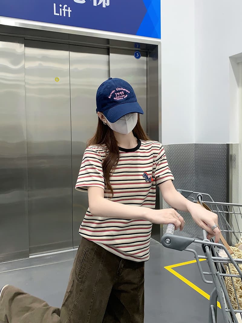 실사 250그램 리브 스트라이프 반팔 티셔츠 여성 의류 여름 새로운 한 부서 만화 가시 자수 라운드 넥 맨위 상세 이미지 13