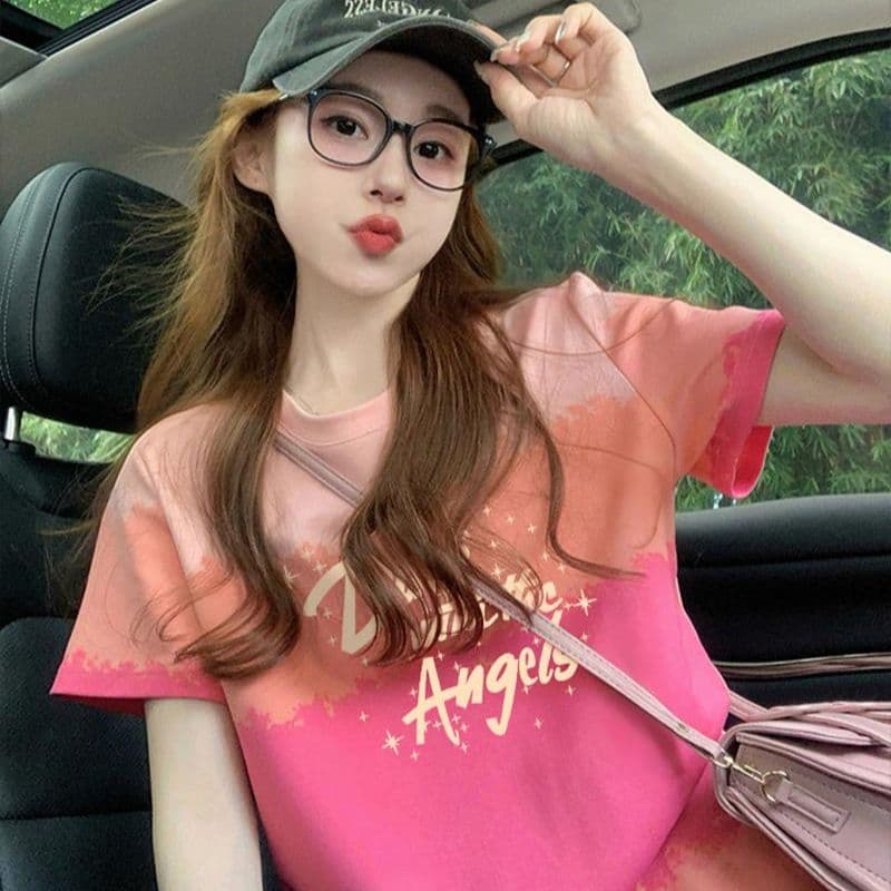 200그램 순면 이후 패키지 칼라 색상 색 후광 염색 루즈핏 티셔츠 여성 디자인 센스 프린트 슬림해 보이는 맨위 트렌디 이미지 4