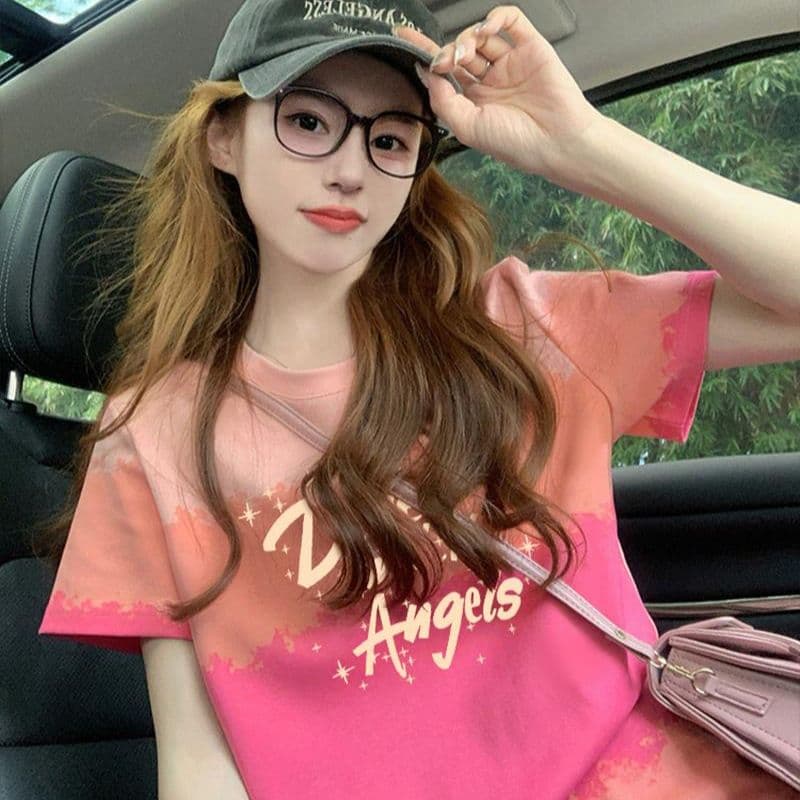 200그램 순면 이후 패키지 칼라 색상 색 후광 염색 루즈핏 티셔츠 여성 디자인 센스 프린트 슬림해 보이는 맨위 트렌디 이미지 3