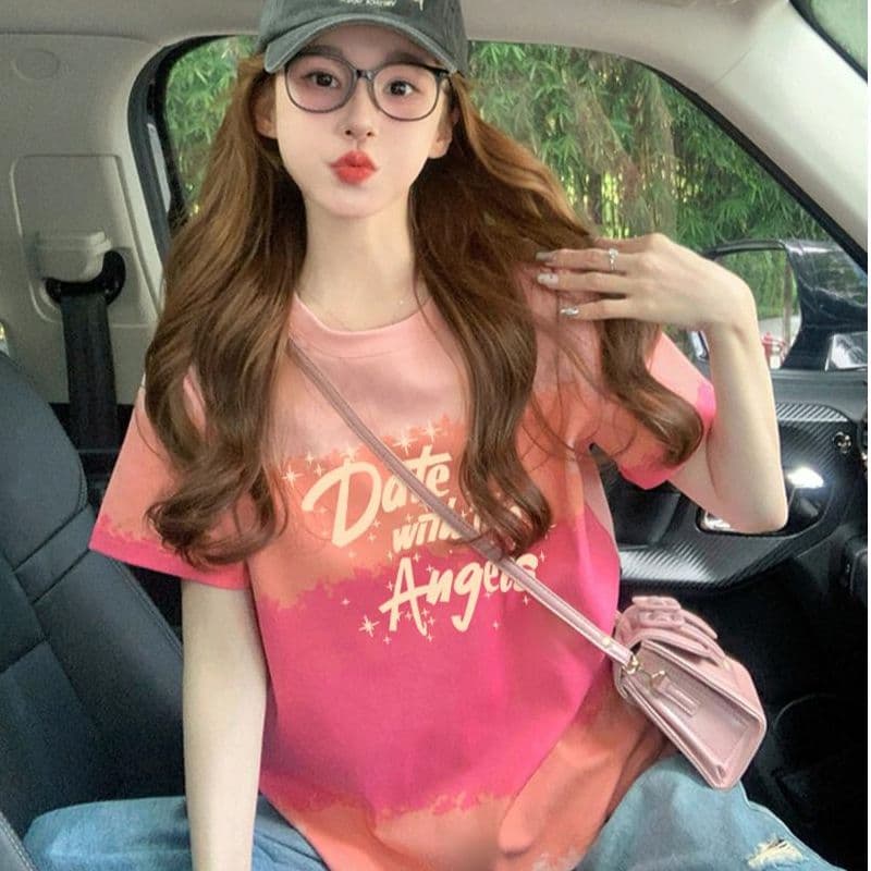 200그램 순면 이후 패키지 칼라 색상 색 후광 염색 루즈핏 티셔츠 여성 디자인 센스 프린트 슬림해 보이는 맨위 트렌디 이미지 5