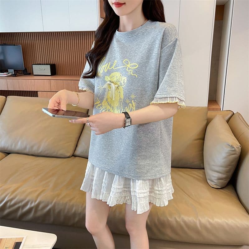 실사 반팔 티셔츠 여성 여름 새로운 라운드 넥 프린트 빅 사이즈 루즈핏 패션 다용도 맨위 여성 트렌디 상세 이미지 6