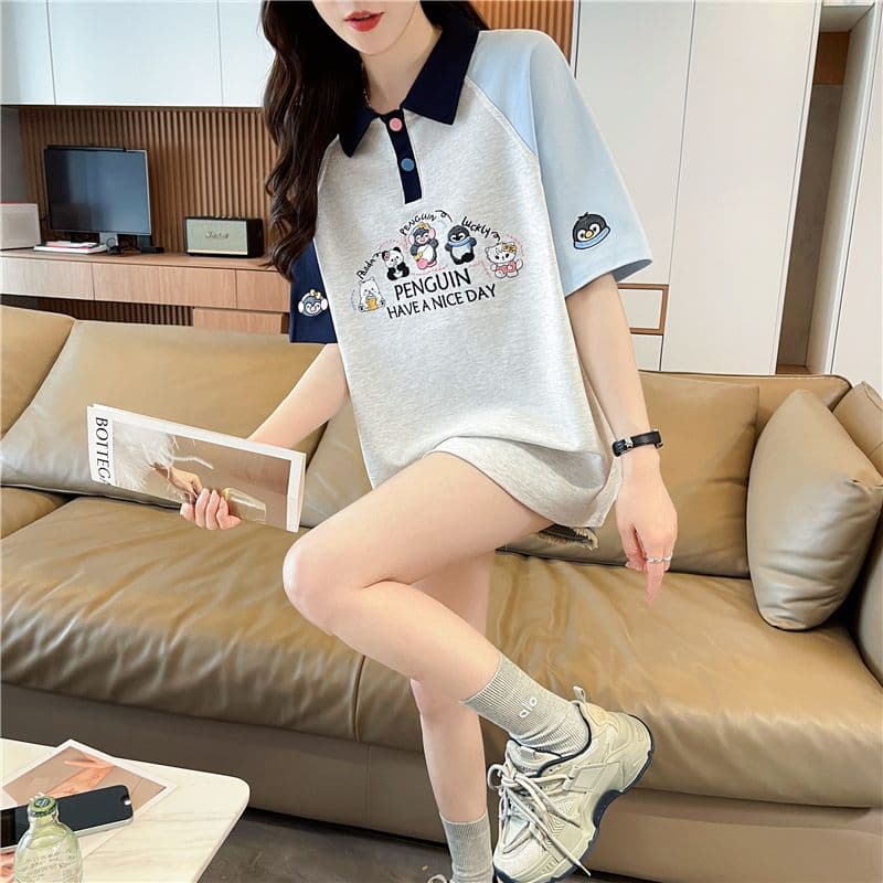 실사 한국 스타일 POLO 칼라 반팔 티셔츠 여성 2026 년 새로운 자수 싸움 플러그 색상 맨위 상세 이미지 8
