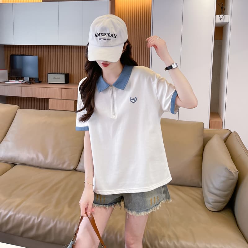 실사 180 그램 남자 바 면 한국 스타일 POLO 칼라 반팔 티셔츠 여성 2026 년 새로운 만화 자수 맨위 여성 상세 이미지 7
