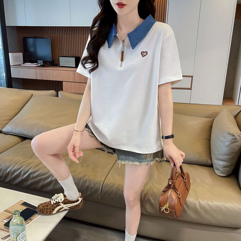 실사 케이블 루오 그 쌍 실 한국 스타일 POLO 칼라 반팔 티셔츠 여성 2026 년 새로운 자수 맨위 여성 상세 이미지 4