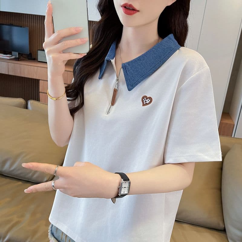 실사 케이블 루오 그 쌍 실 한국 스타일 POLO 칼라 반팔 티셔츠 여성 2026 년 새로운 자수 맨위 여성 상세 이미지 7