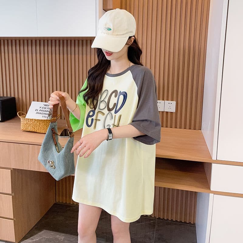 실사 흔들어서 톤 품질 이후 패키지 칼라 루즈핏 배색 중간 길이 디자인 센스 반팔 t 이미지 2