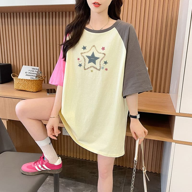 실사 흔들어서 톤 품질 이후 패키지 칼라 루즈핏 배색 중간 길이 디자인 센스 반팔 t 상세 이미지 3