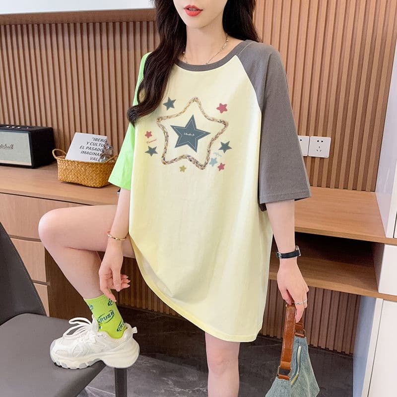 실사 흔들어서 톤 품질 이후 패키지 칼라 루즈핏 배색 중간 길이 디자인 센스 반팔 t 상세 이미지 7