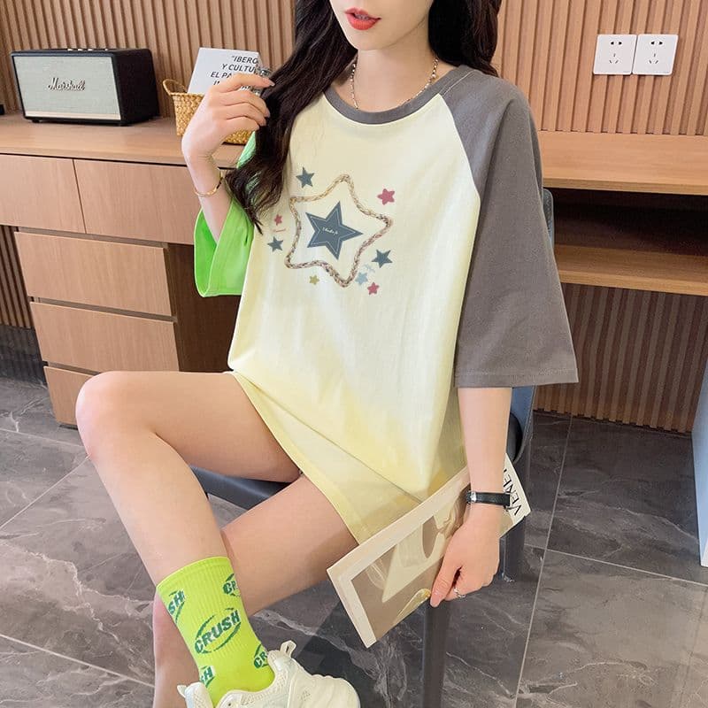 실사 흔들어서 톤 품질 이후 패키지 칼라 루즈핏 배색 중간 길이 디자인 센스 반팔 t 상세 이미지 8