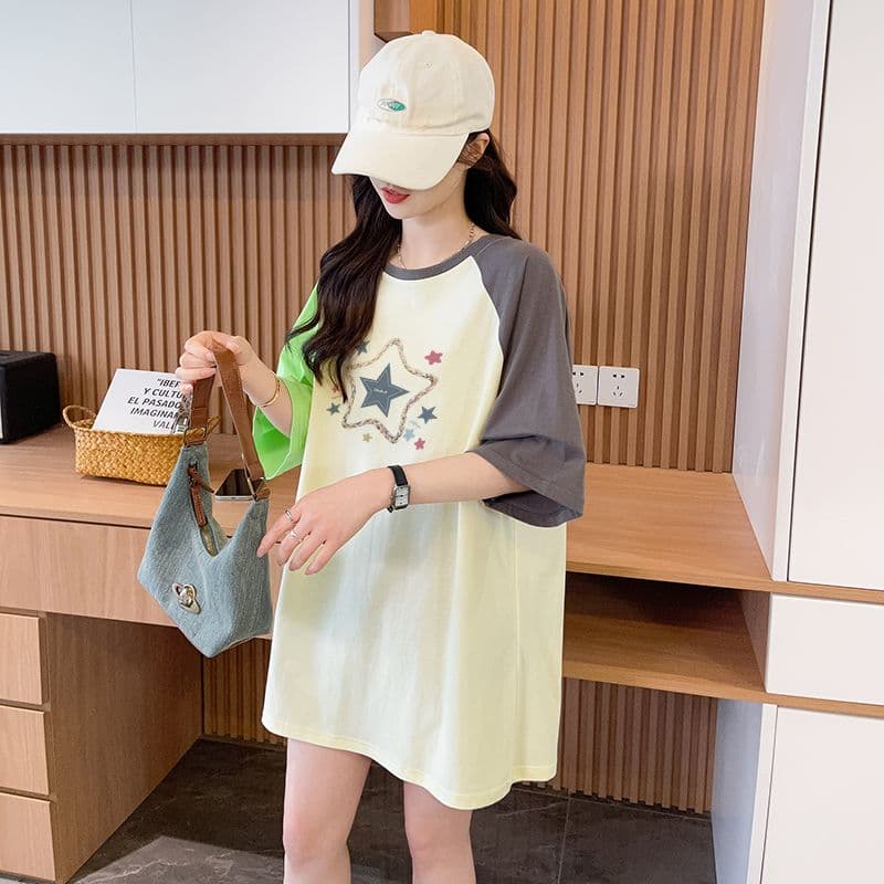 실사 흔들어서 톤 품질 이후 패키지 칼라 루즈핏 배색 중간 길이 디자인 센스 반팔 t 상세 이미지 11