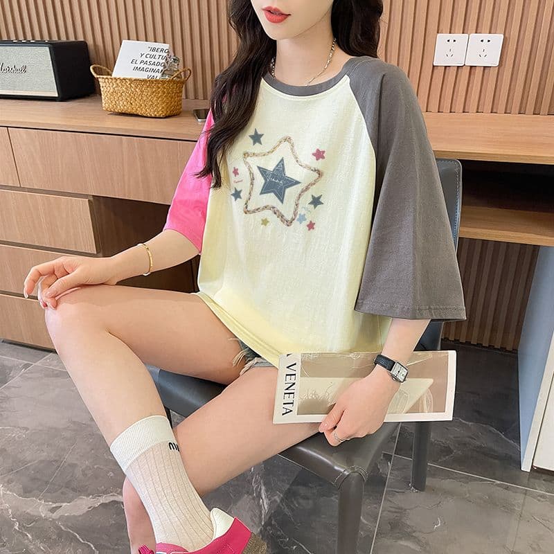 실사 흔들어서 톤 품질 이후 패키지 칼라 루즈핏 배색 중간 길이 디자인 센스 반팔 t 상세 이미지 13