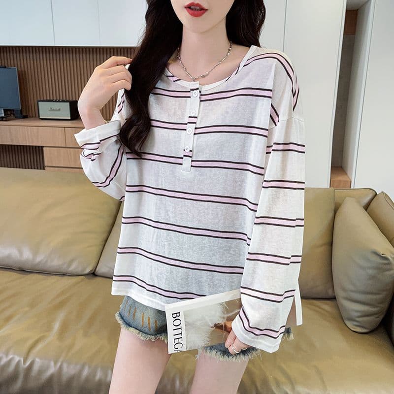 실사 스트라이프 눈꽃 면 긴팔 자외선 차단 블라우스 여성 한국 스타일 얇은 스타일 다용도 패션 캐주얼 맨위 여성 트렌디 상세 이미지 9