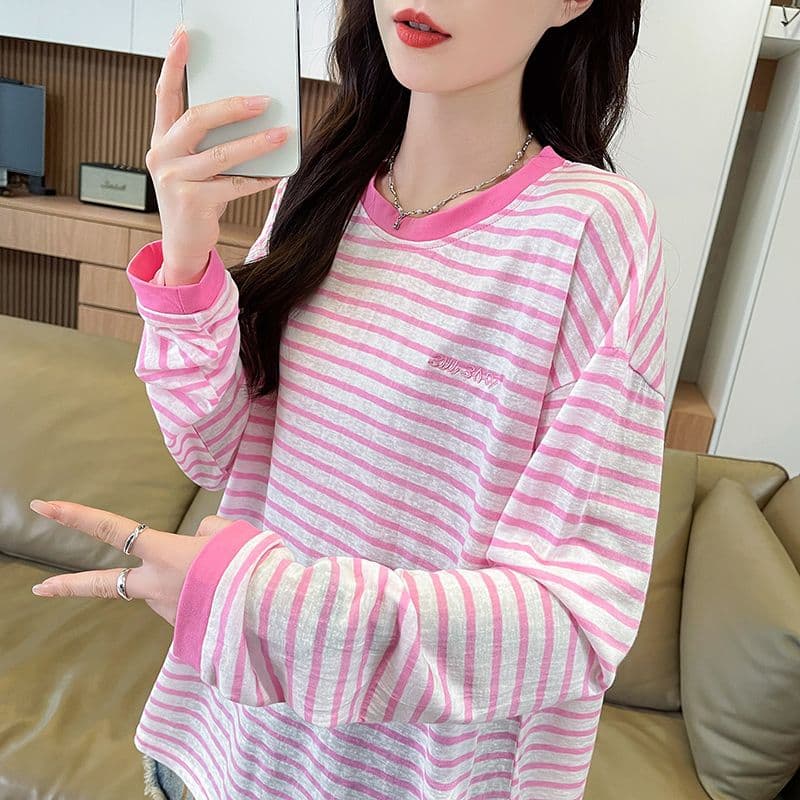 실사 스트라이프 눈꽃 면 긴팔 자외선 차단 블라우스 여성 한국 스타일 라운드 넥 캐주얼 패션 청춘 다용도 맨위 이미지 4
