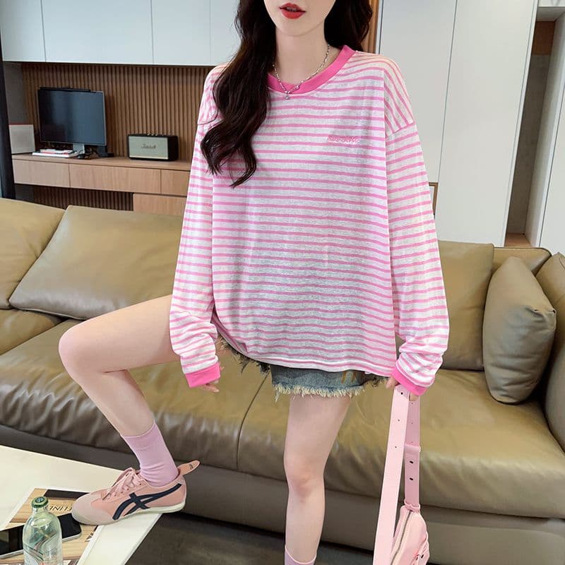 실사 스트라이프 눈꽃 면 긴팔 자외선 차단 블라우스 여성 한국 스타일 라운드 넥 캐주얼 패션 청춘 다용도 맨위 상세 이미지 3