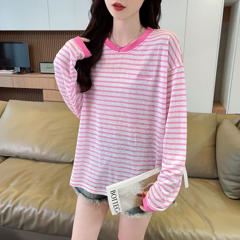 실사 스트라이프 눈꽃 면 긴팔 자외선 차단 블라우스 여성 한국 스타일 라운드 넥 캐주얼 패션 청춘 다용도 맨위 상세 이미지 5