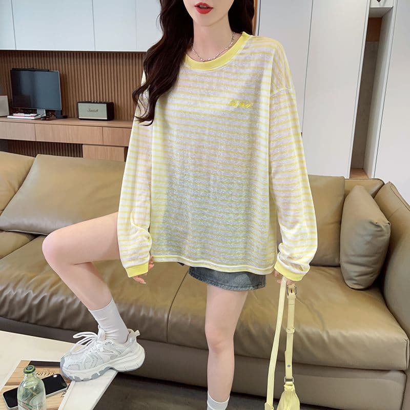 실사 스트라이프 눈꽃 면 긴팔 자외선 차단 블라우스 여성 한국 스타일 라운드 넥 캐주얼 패션 청춘 다용도 맨위 상세 이미지 12