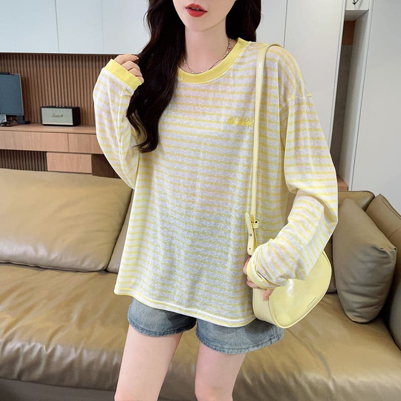 실사 스트라이프 눈꽃 면 긴팔 자외선 차단 블라우스 여성 한국 스타일 라운드 넥 캐주얼 패션 청춘 다용도 맨위 상세 이미지 13
