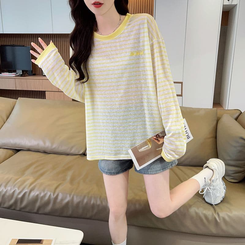 실사 스트라이프 눈꽃 면 긴팔 자외선 차단 블라우스 여성 한국 스타일 라운드 넥 캐주얼 패션 청춘 다용도 맨위 상세 이미지 14