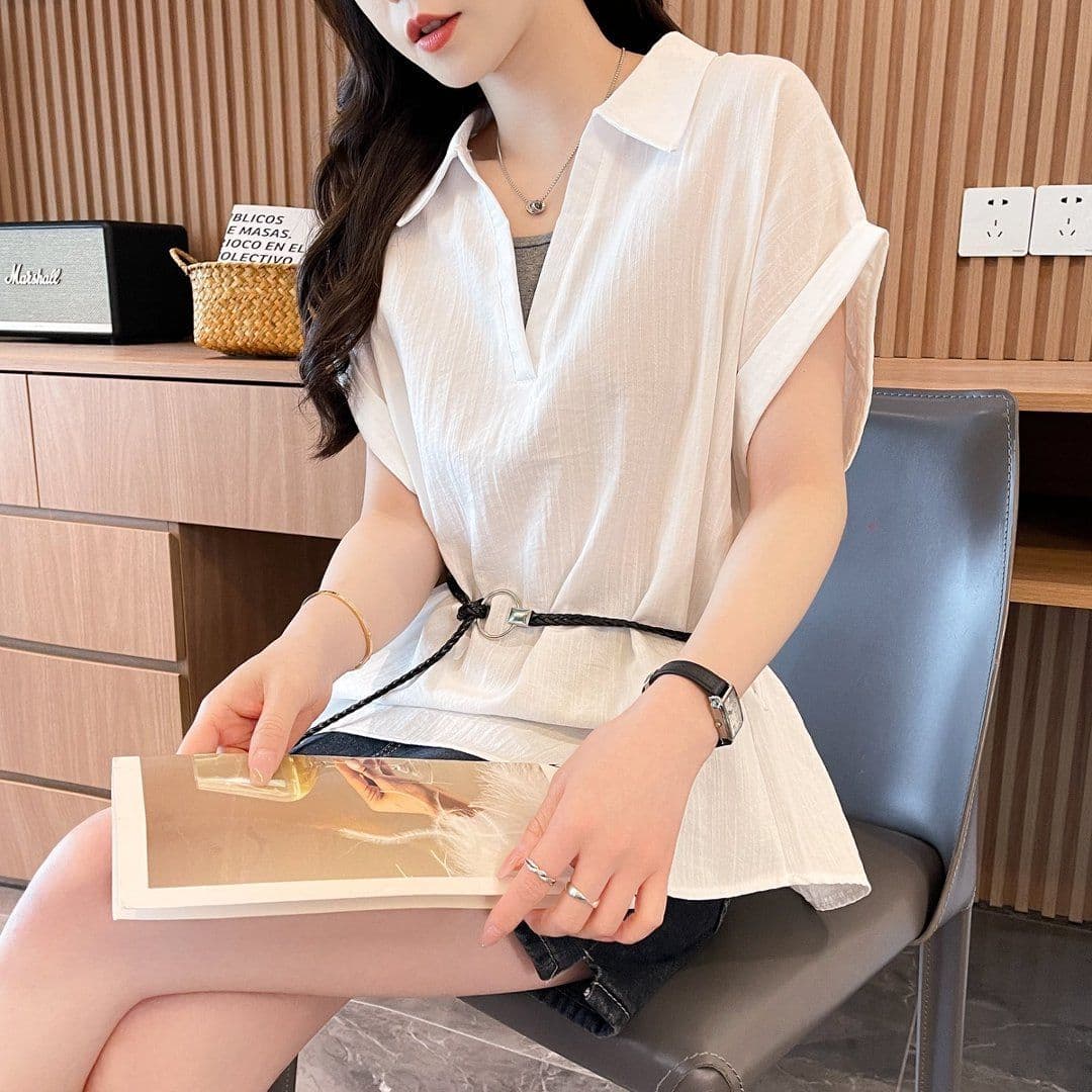 실사 원본 품질 벨트 포함 페이크 레이어드 숨기기 V넥 반팔 셔츠 여름 빅 사이즈 슬림해 보이는 슈퍼 잘 생긴 맨위 상세 이미지 10