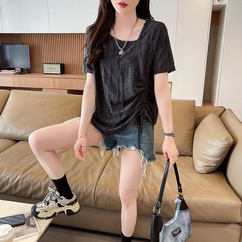 실사 반팔 티셔츠 여름 새로운 루즈핏 패션 다용도 외국 가스 광장 칼라 펌프 로프 맨위 서비스 ins 트렌디 상세 이미지 2