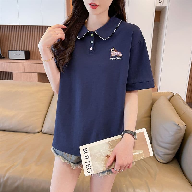 실사 반팔 티셔츠 여성 여름 새로운 루즈핏 패션 다용도 외국 가스 POLO 칼라 자수 ins 트렌디 이미지 2