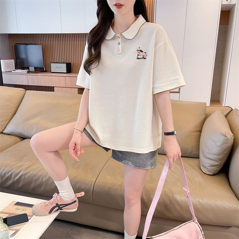 실사 반팔 티셔츠 여성 여름 새로운 루즈핏 패션 다용도 외국 가스 POLO 칼라 자수 ins 트렌디 상세 이미지 7