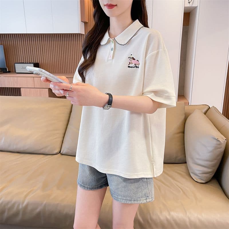 실사 반팔 티셔츠 여성 여름 새로운 루즈핏 패션 다용도 외국 가스 POLO 칼라 자수 ins 트렌디 상세 이미지 9