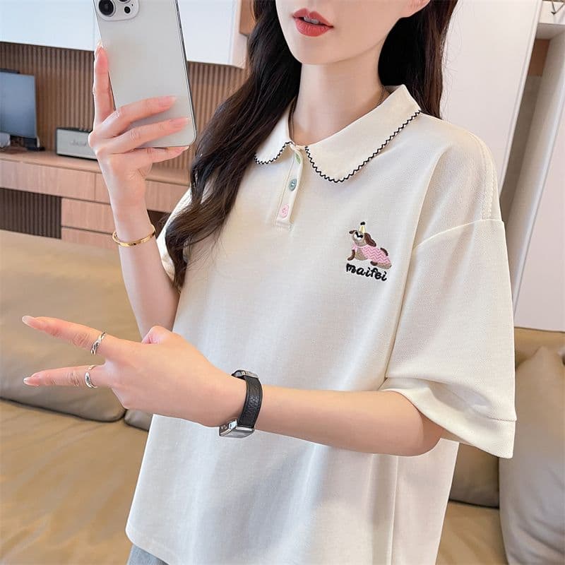 실사 반팔 티셔츠 여성 여름 새로운 루즈핏 패션 다용도 외국 가스 POLO 칼라 자수 ins 트렌디 상세 이미지 10