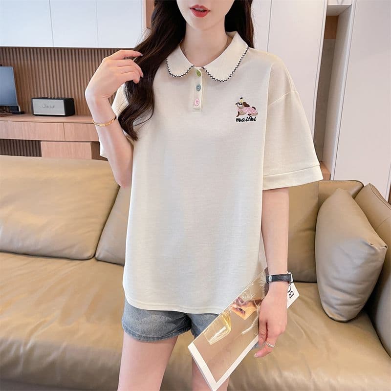 실사 반팔 티셔츠 여성 여름 새로운 루즈핏 패션 다용도 외국 가스 POLO 칼라 자수 ins 트렌디 상세 이미지 11